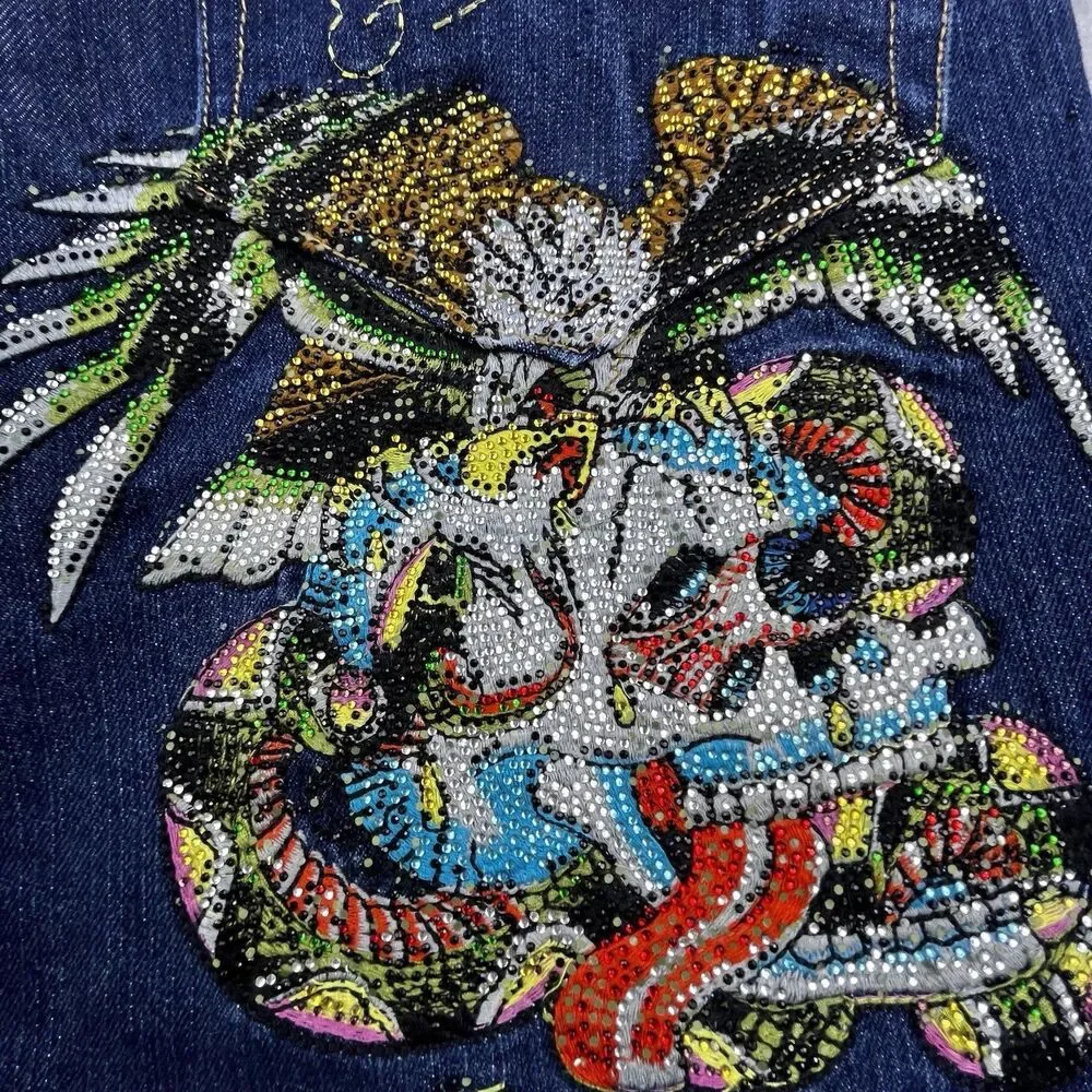 Christian Audigier Ed Hardy Jeans 36x32 Embroidered Rhinestone Skull Eagle